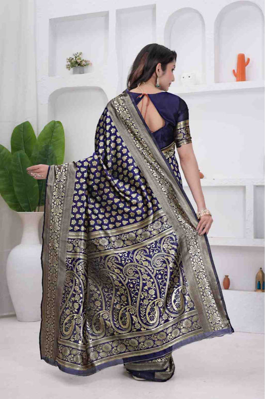 Navy Blue Banarasi Soft Silk Saree for Women with Rich Zari Jacquard Weaving | Daily Wear - Blouse Piece Included