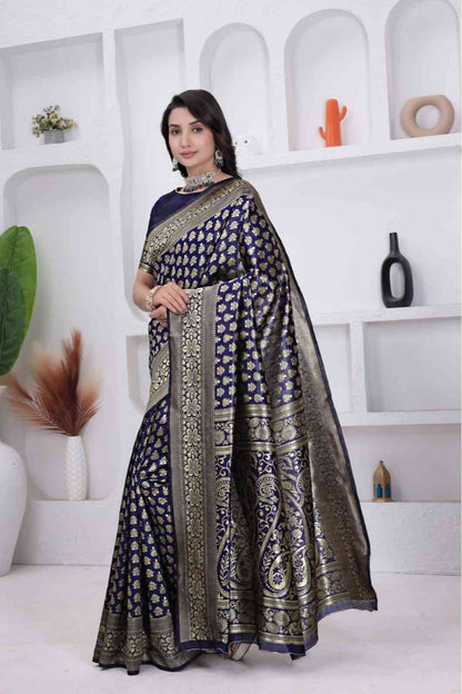 Navy Blue Banarasi Soft Silk Saree for Women with Rich Zari Jacquard Weaving | Daily Wear - Blouse Piece Included