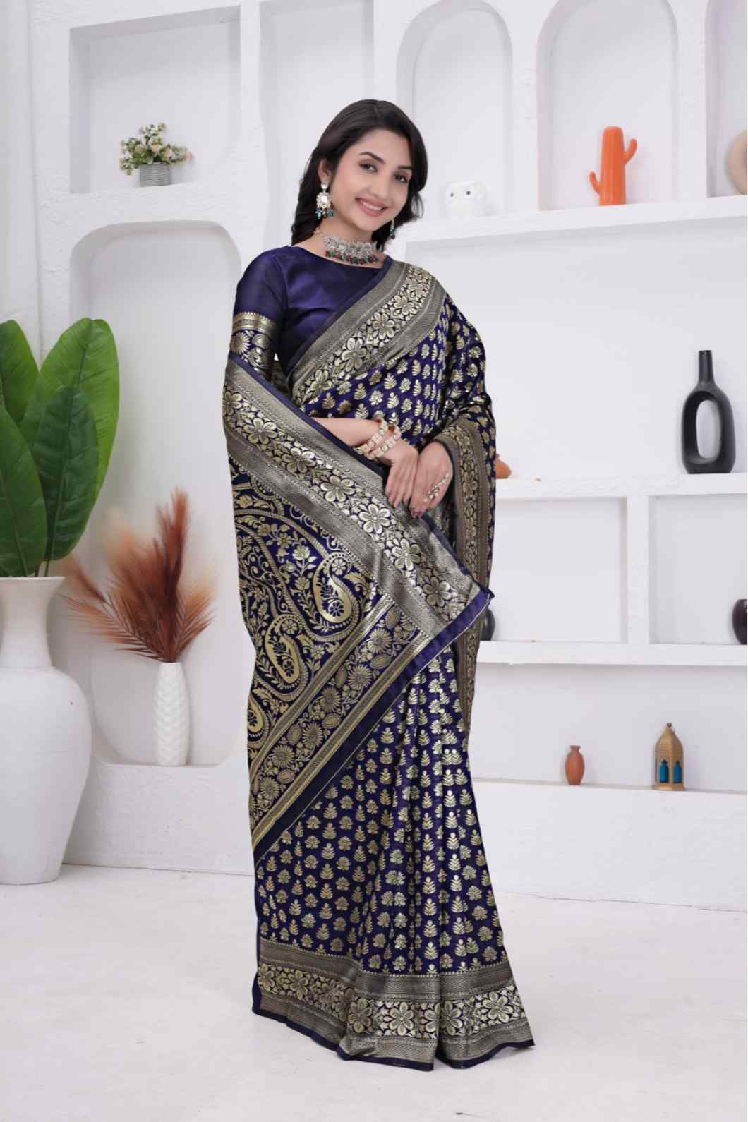 Navy Blue Banarasi Soft Silk Saree for Women with Rich Zari Jacquard Weaving | Daily Wear - Blouse Piece Included
