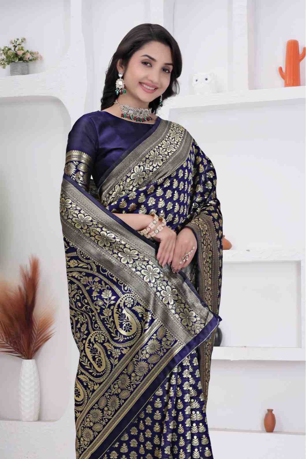 Navy Blue Banarasi Soft Silk Saree for Women with Rich Zari Jacquard Weaving | Daily Wear - Blouse Piece Included