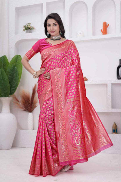 Pink Banarasi Soft Silk Saree for Women with Rich Zari Jacquard Weaving | Daily Wear - Blouse Piece Included