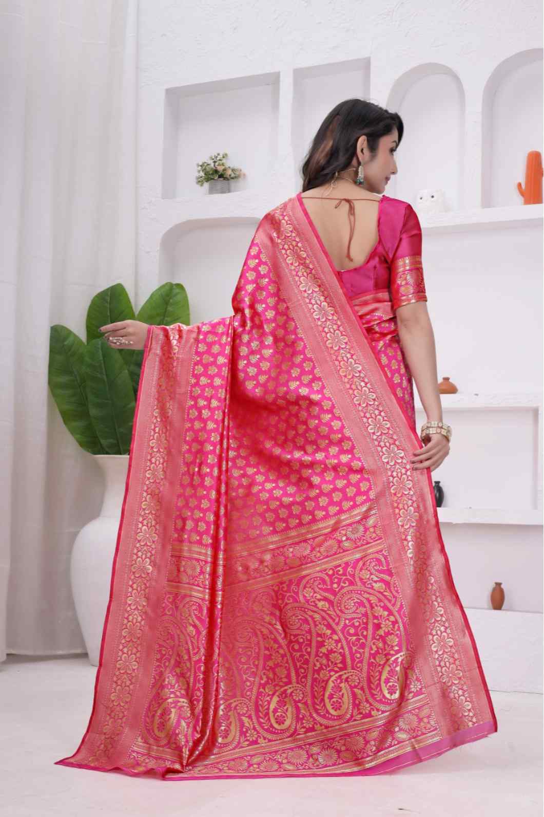Pink Banarasi Soft Silk Saree for Women with Rich Zari Jacquard Weaving | Daily Wear - Blouse Piece Included