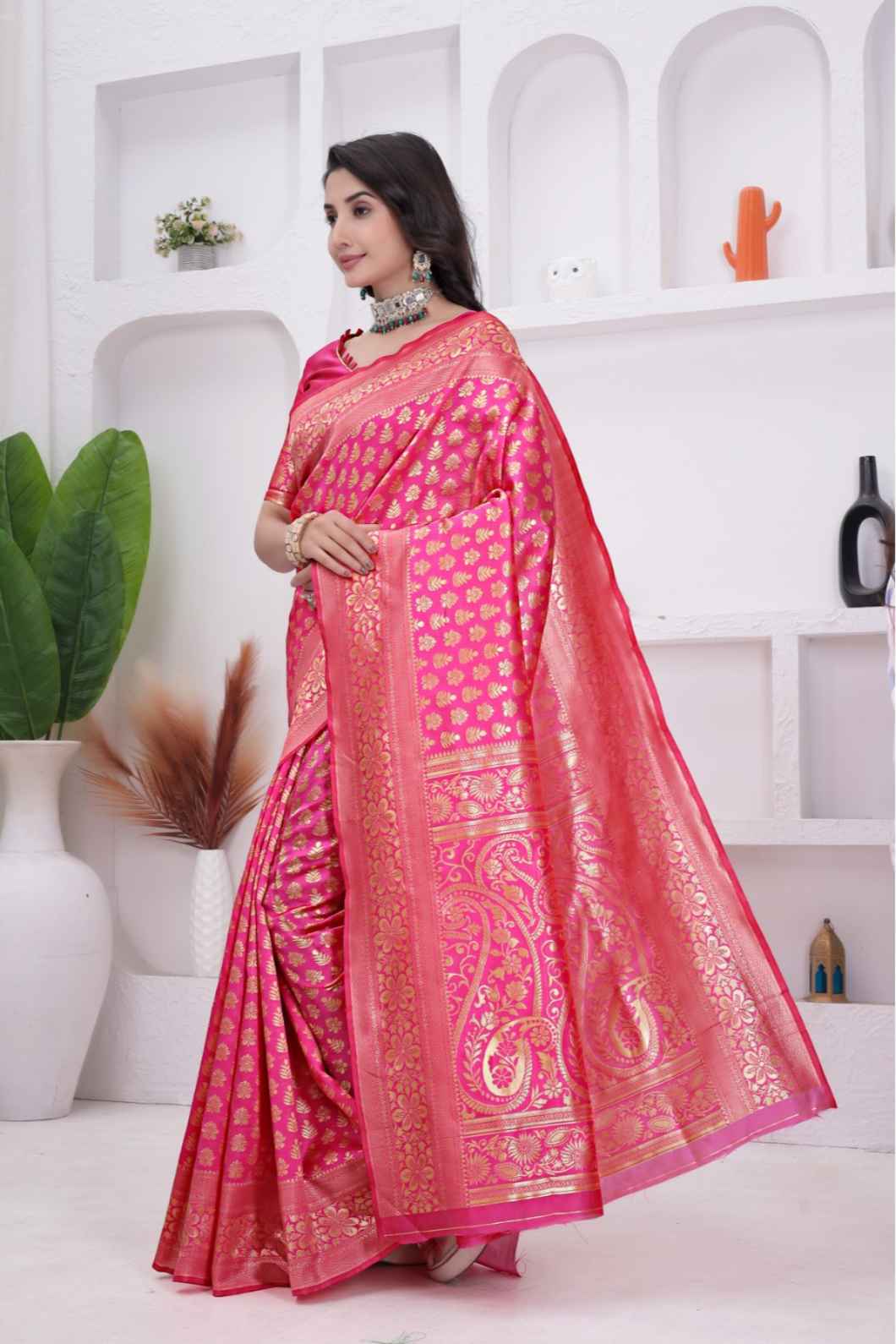 Pink Banarasi Soft Silk Saree for Women with Rich Zari Jacquard Weaving | Daily Wear - Blouse Piece Included