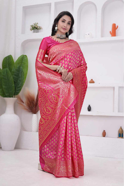 Pink Banarasi Soft Silk Saree for Women with Rich Zari Jacquard Weaving | Daily Wear - Blouse Piece Included