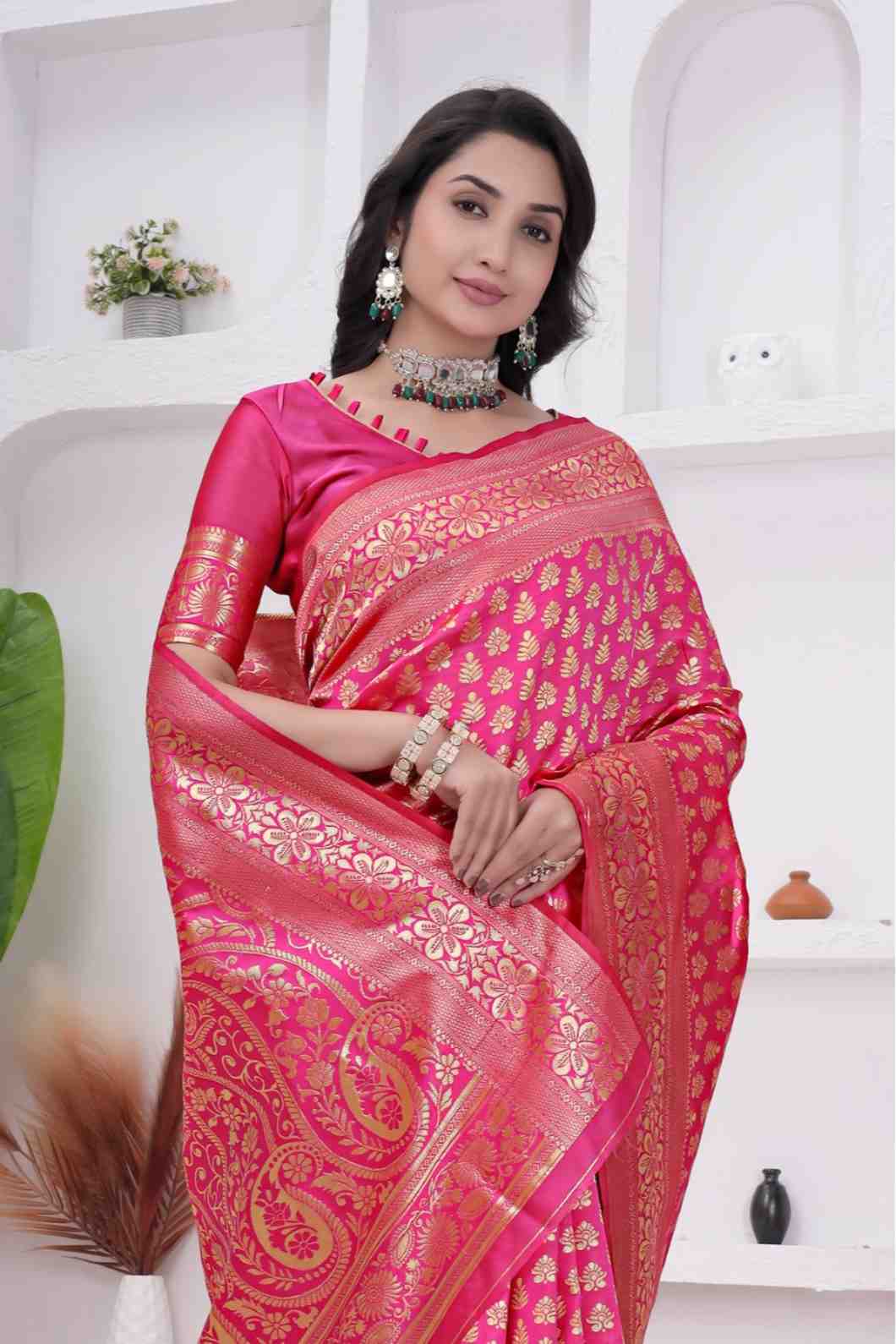 Pink Banarasi Soft Silk Saree for Women with Rich Zari Jacquard Weaving | Daily Wear - Blouse Piece Included