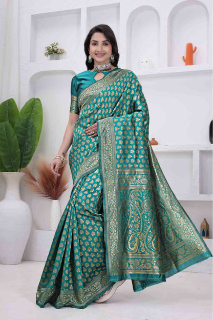 Rama Banarasi Soft Silk Saree for Women with Rich Zari Jacquard Weaving | Daily Wear - Blouse Piece Included