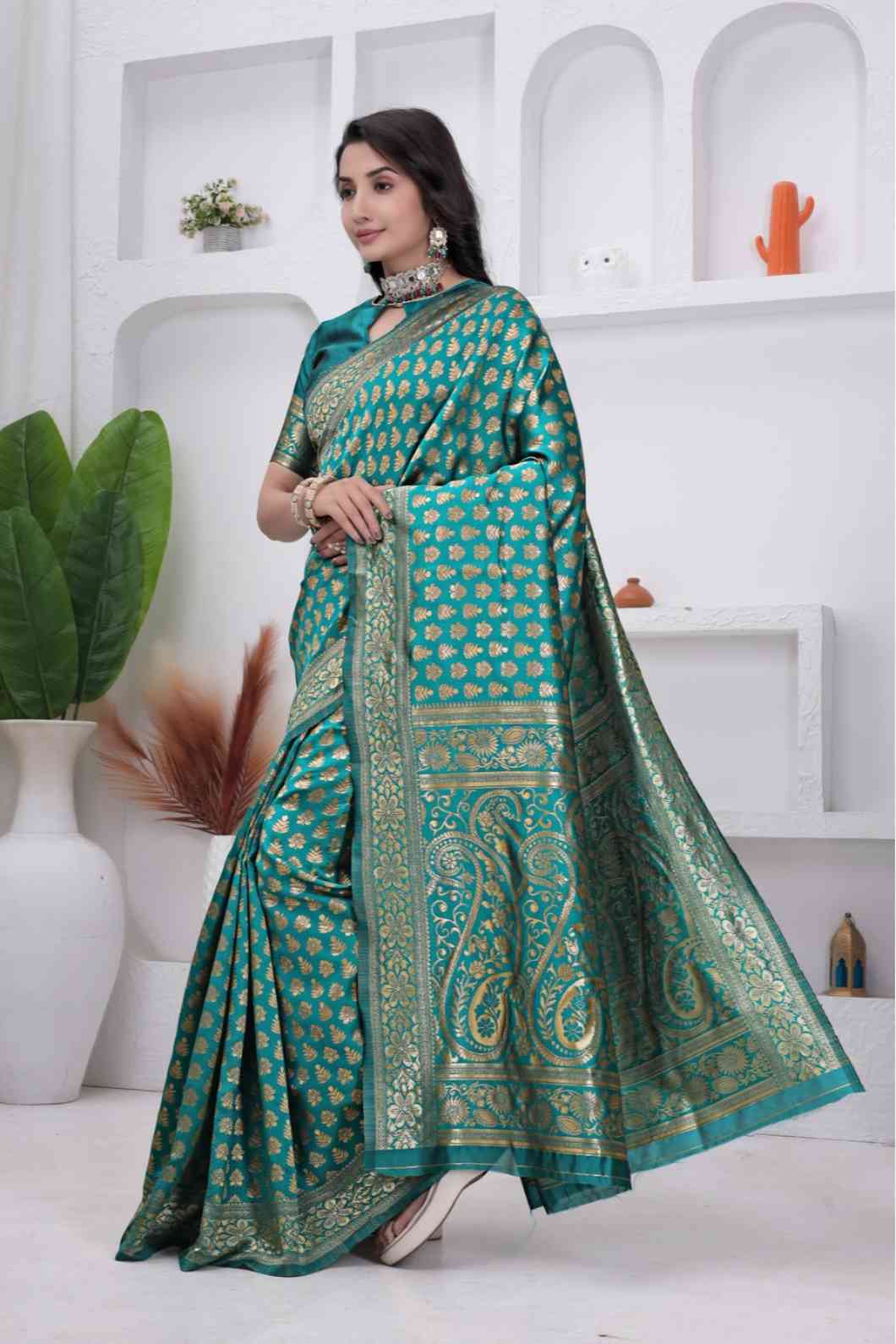 Rama Banarasi Soft Silk Saree for Women with Rich Zari Jacquard Weaving | Daily Wear - Blouse Piece Included