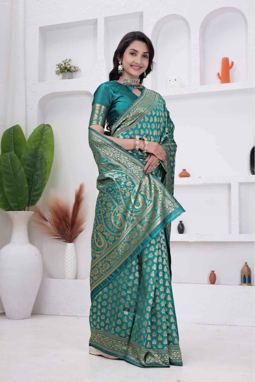 Rama Banarasi Soft Silk Saree for Women with Rich Zari Jacquard Weaving | Daily Wear - Blouse Piece Included