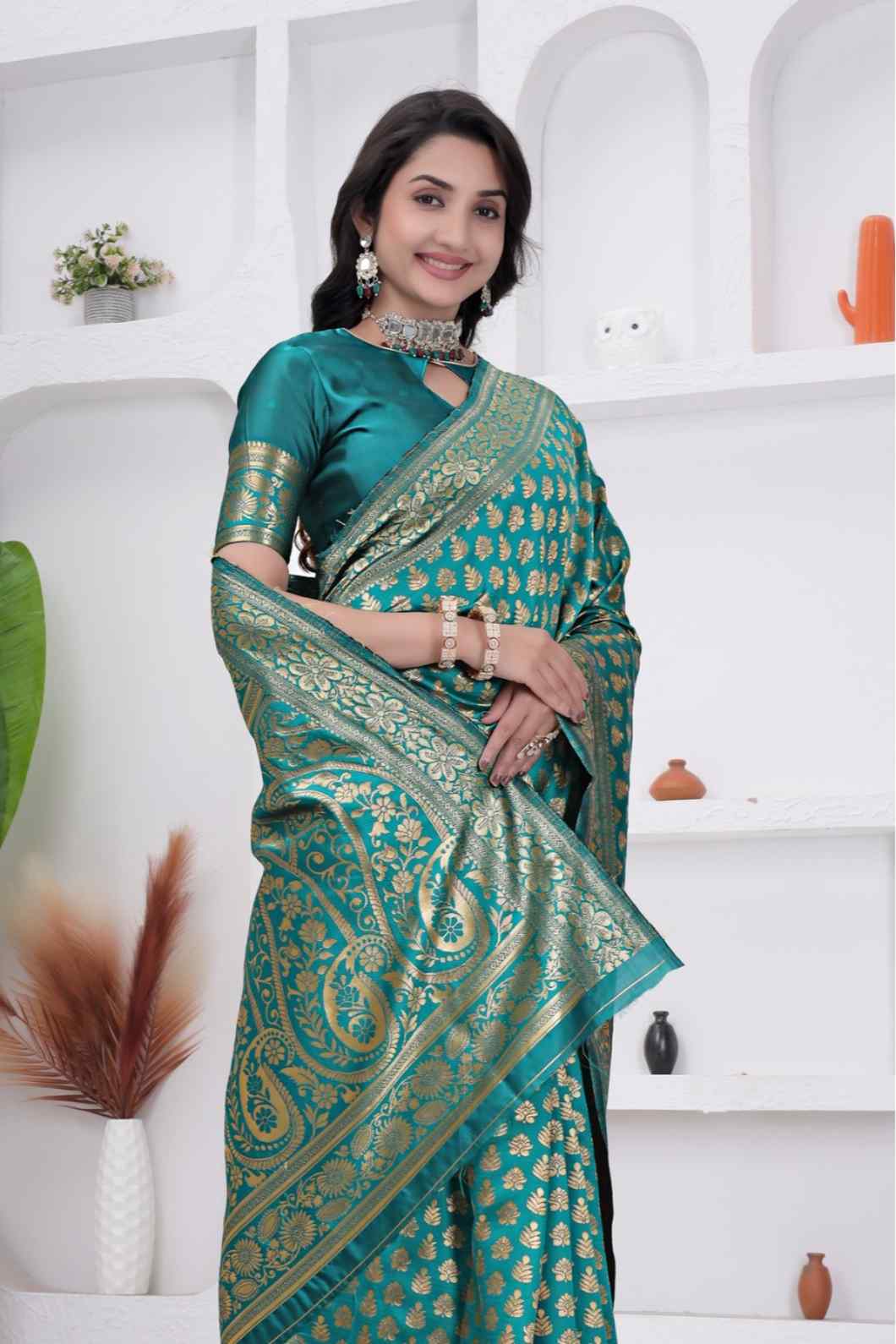 Rama Banarasi Soft Silk Saree for Women with Rich Zari Jacquard Weaving | Daily Wear - Blouse Piece Included