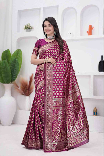 Wine Banarasi Soft Silk Saree for Women with Rich Zari Jacquard Weaving | Daily Wear - Blouse Piece Included