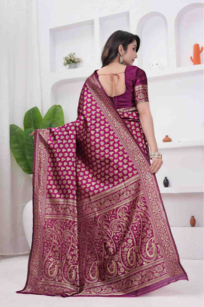 Wine Banarasi Soft Silk Saree for Women with Rich Zari Jacquard Weaving | Daily Wear - Blouse Piece Included