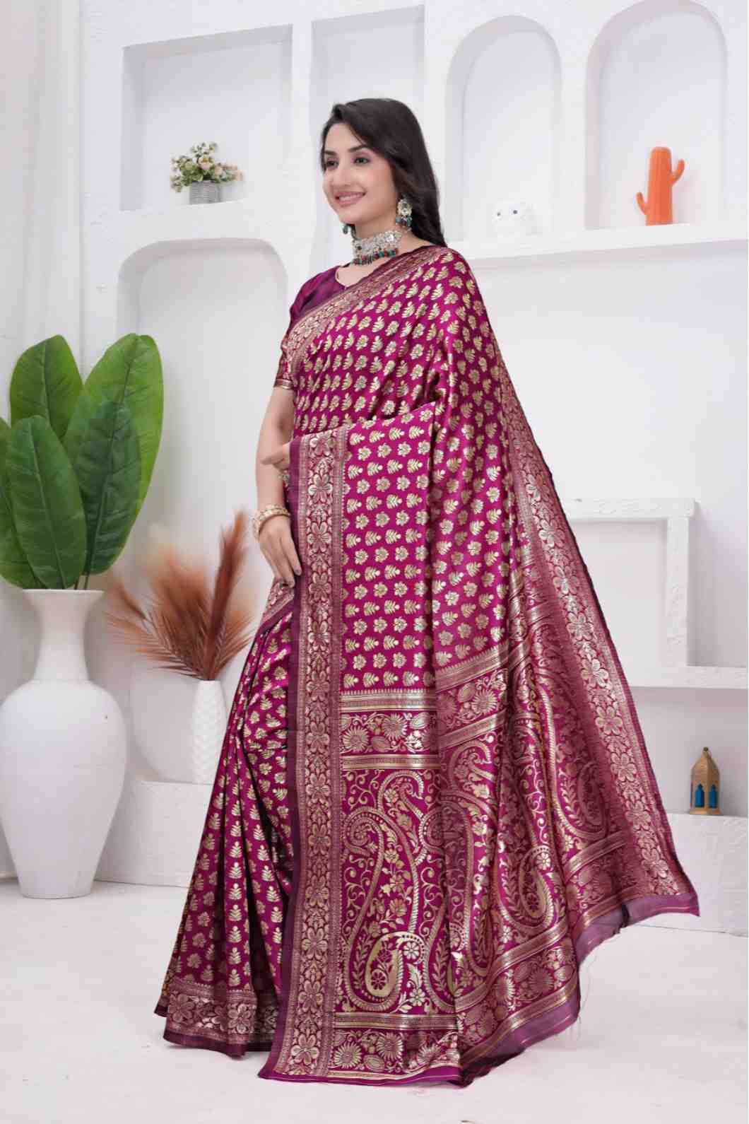 Wine Banarasi Soft Silk Saree for Women with Rich Zari Jacquard Weaving | Daily Wear - Blouse Piece Included