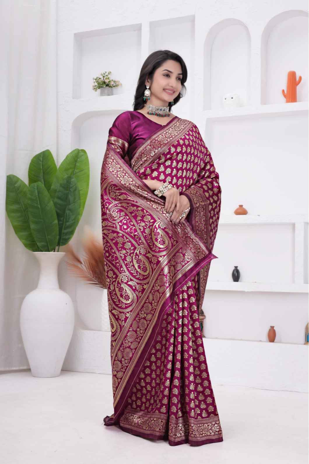 Wine Banarasi Soft Silk Saree for Women with Rich Zari Jacquard Weaving | Daily Wear - Blouse Piece Included