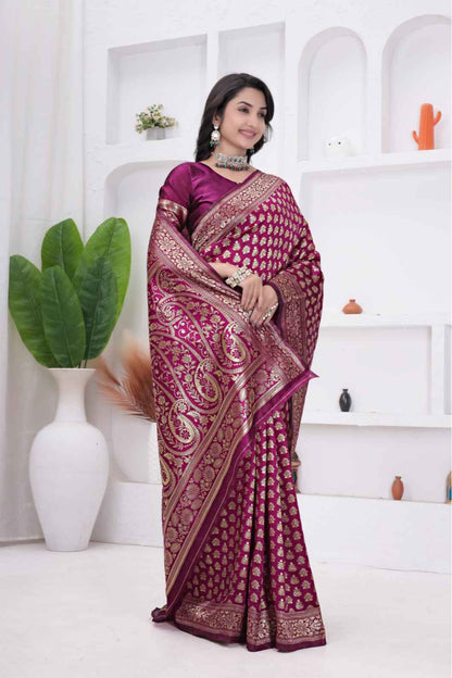 Wine Banarasi Soft Silk Saree for Women with Rich Zari Jacquard Weaving | Daily Wear - Blouse Piece Included