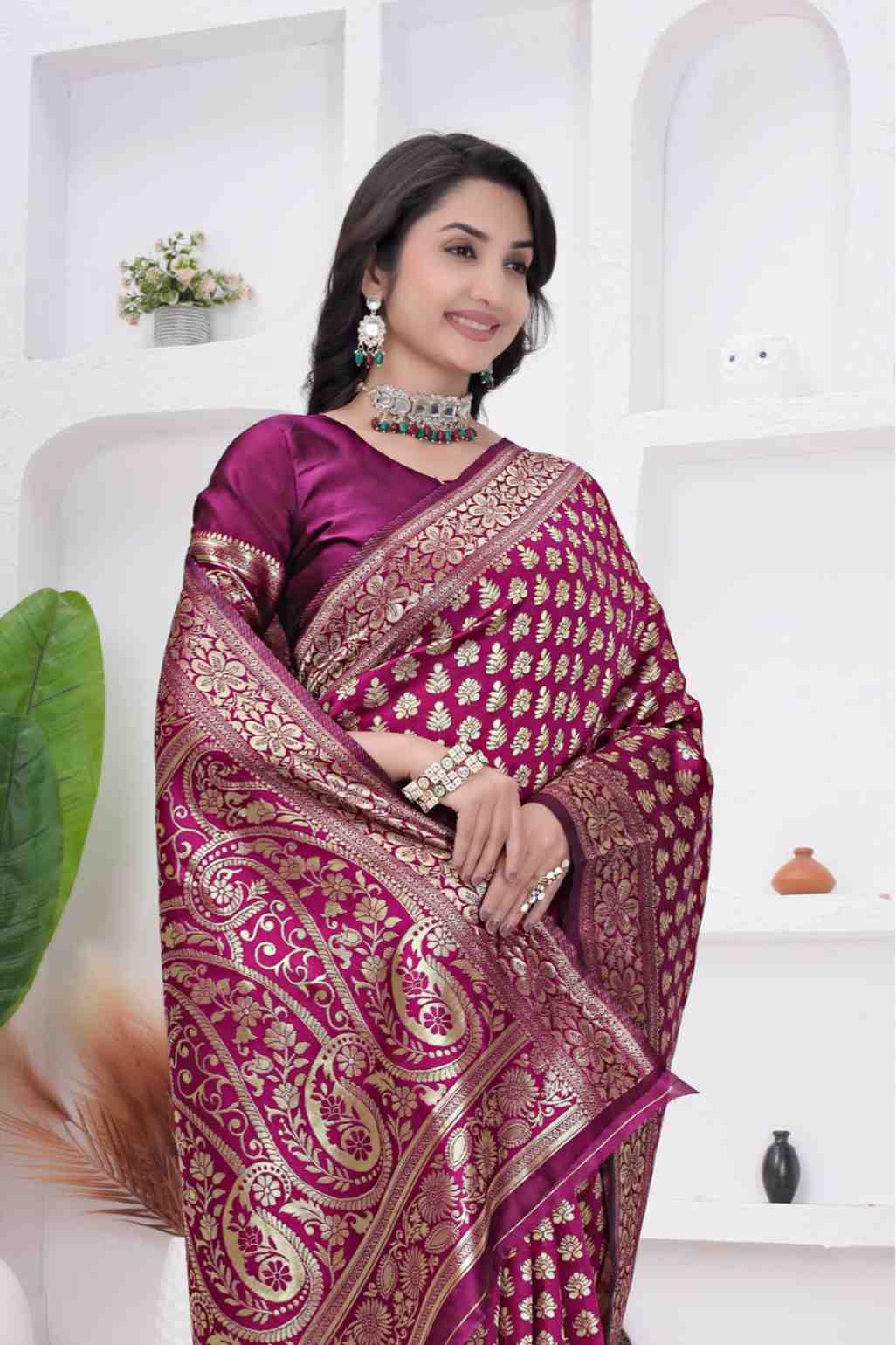 Wine Banarasi Soft Silk Saree for Women with Rich Zari Jacquard Weaving | Daily Wear - Blouse Piece Included