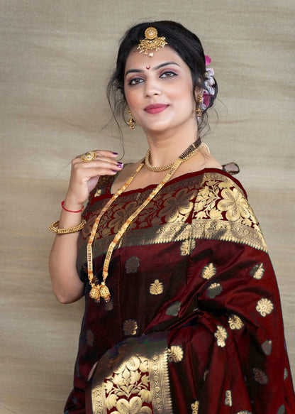 Maroon Banarasi Silk Saree with Golden Zari Floral & Paisley Weaving - Blouse Piece Included
