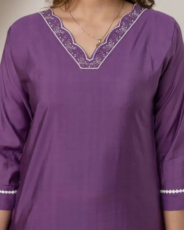 Purple Poise Embroidered Roman Silk Kurti Set with Dupatta