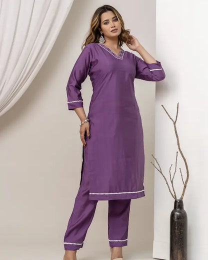 Purple Poise Embroidered Roman Silk Kurti Set with Dupatta