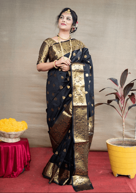 Black Banarasi Silk Saree with Golden Zari Floral & Paisley Weaving - Blouse Piece Included