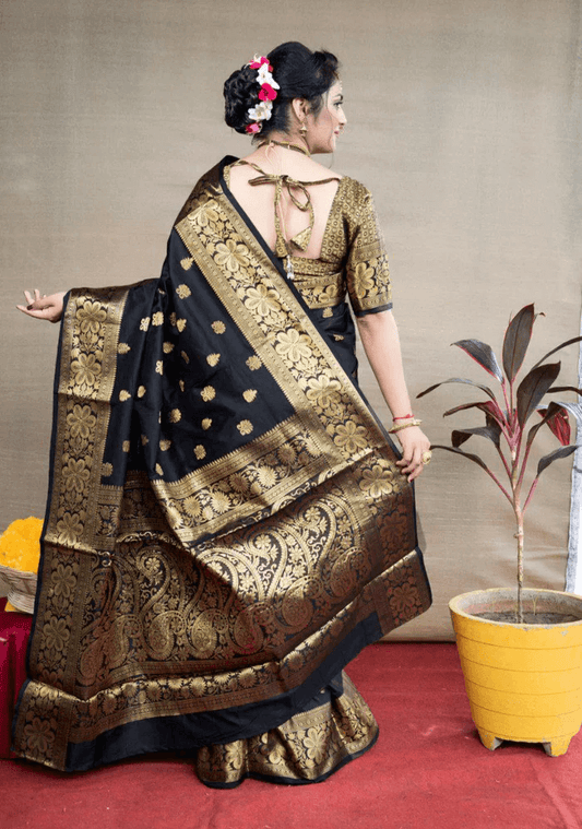 Black Banarasi Silk Saree with Golden Zari Floral & Paisley Weaving - Blouse Piece Included