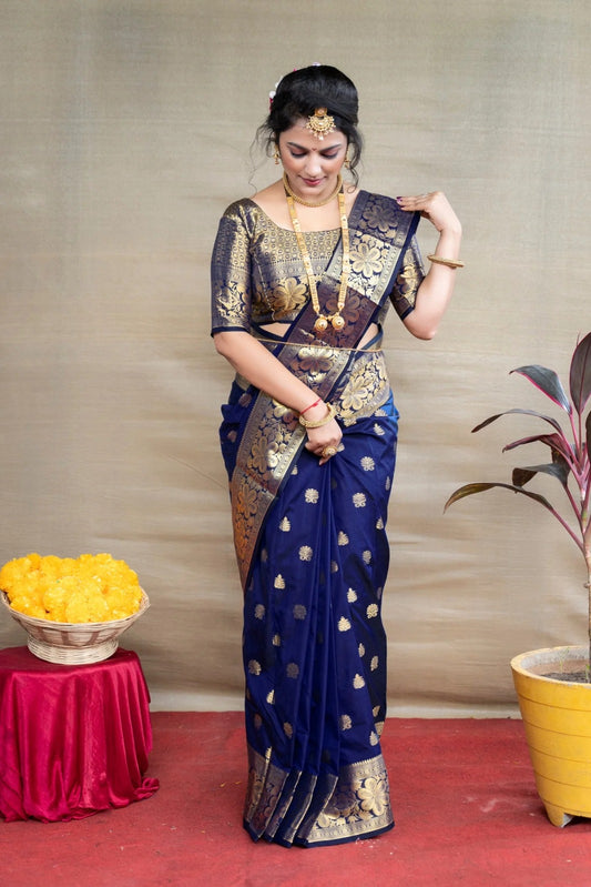 Blue Banarasi Silk Saree with Golden Zari Floral & Paisley Weaving - Blouse Piece Included