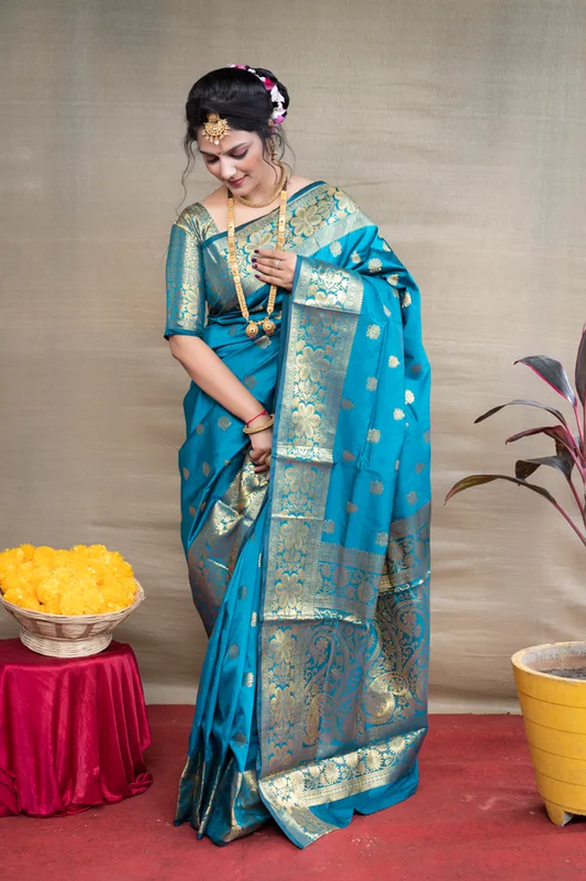 Firoji Banarasi Silk Saree with Golden Zari Floral & Paisley Weaving - Blouse Piece Included