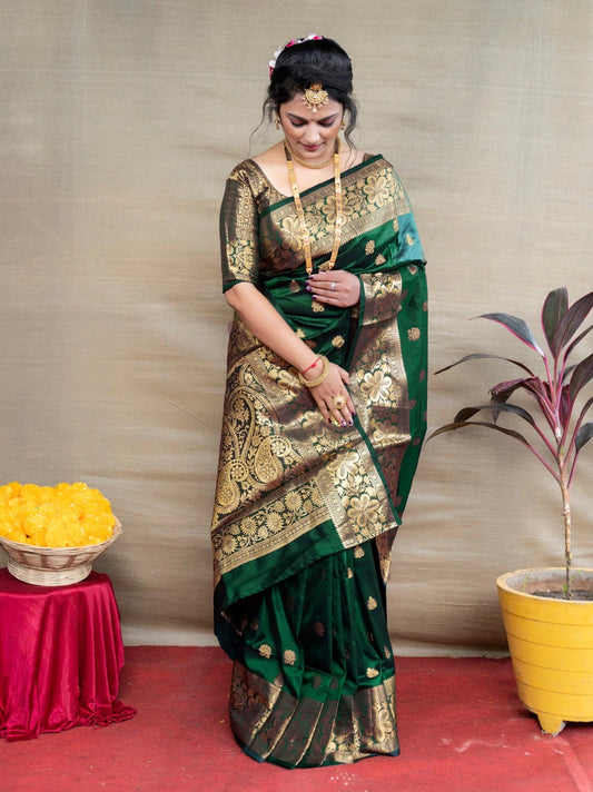 Green Banarasi Silk Saree with Golden Zari Floral & Paisley Weaving - Blouse Piece Included