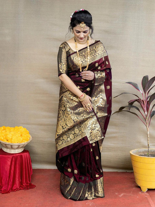 Maroon Banarasi Silk Saree with Golden Zari Floral & Paisley Weaving - Blouse Piece Included