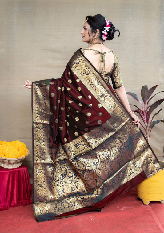 Maroon Banarasi Silk Saree with Golden Zari Floral & Paisley Weaving - Blouse Piece Included