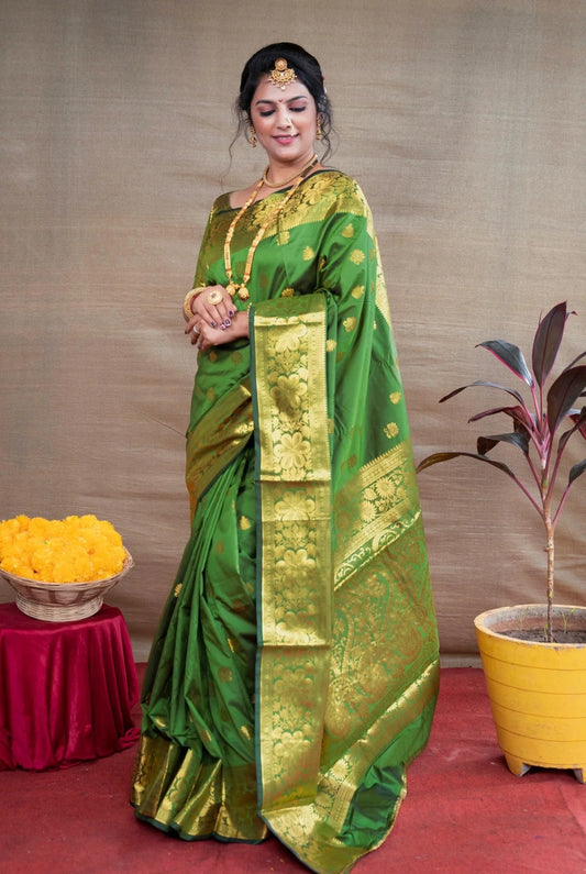 Parot Banarasi Silk Saree with Golden Zari Floral & Paisley Weaving - Blouse Piece Included