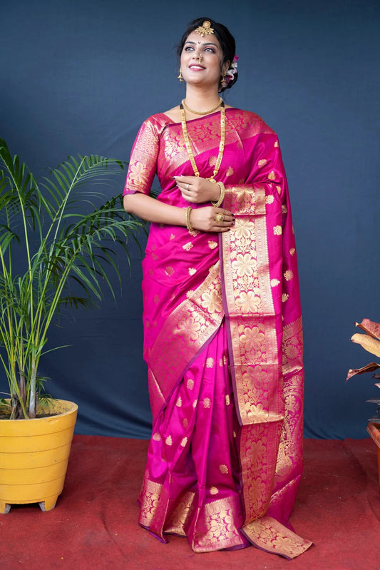 Pink Banarasi Silk Saree with Golden Zari Floral & Paisley Weaving - Blouse Piece Included