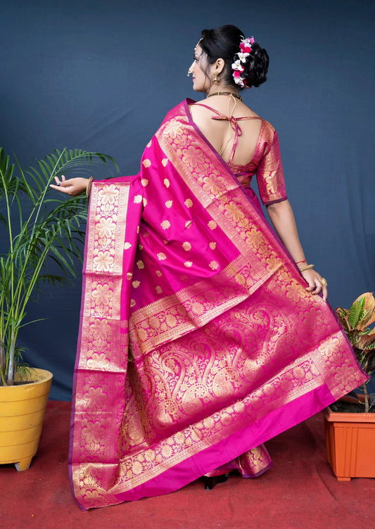 Pink Banarasi Silk Saree with Golden Zari Floral & Paisley Weaving - Blouse Piece Included