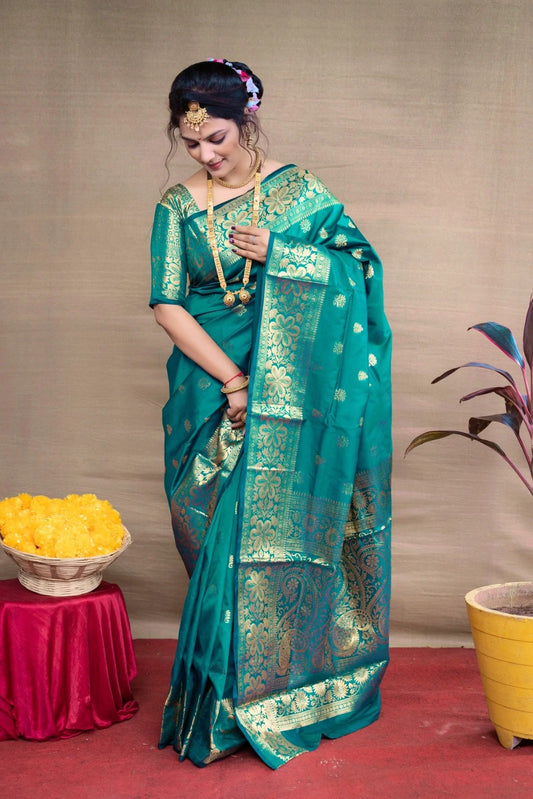 Rama Banarasi Silk Saree with Golden Zari Floral & Paisley Weaving - Blouse Piece Included