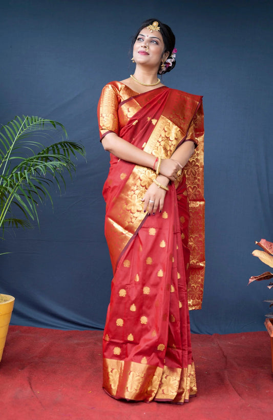 Red Banarasi Silk Saree with Golden Zari Floral & Paisley Weaving - Blouse Piece Included