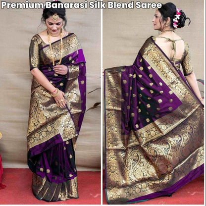 Wine Banarasi Silk Saree with Golden Zari Floral & Paisley Weaving - Blouse Piece Included