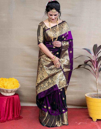 Wine Banarasi Silk Saree with Golden Zari Floral & Paisley Weaving - Blouse Piece Included