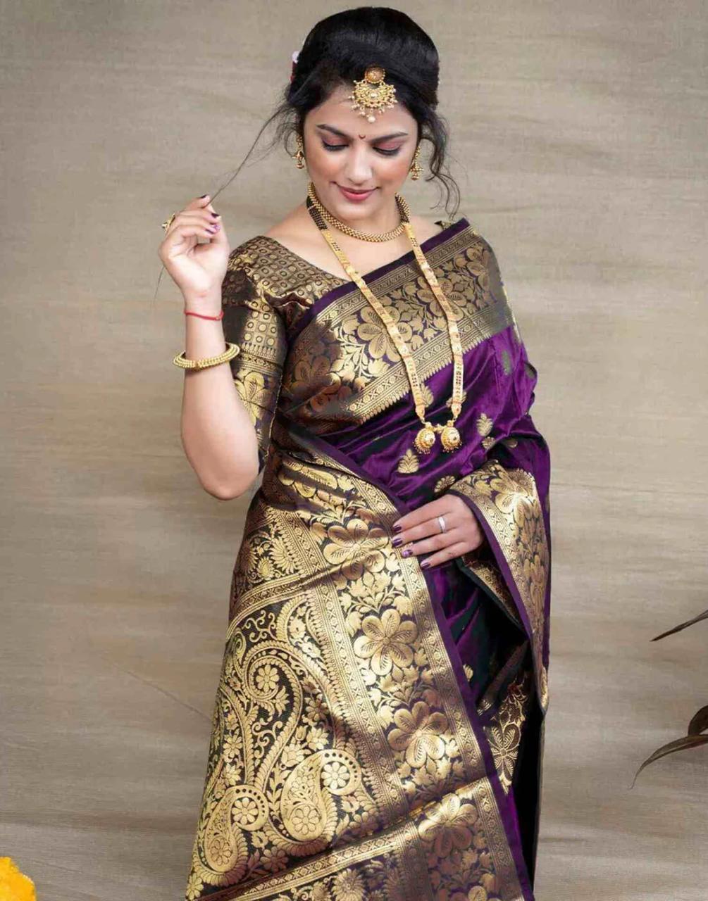 Wine Banarasi Silk Saree with Golden Zari Floral & Paisley Weaving - Blouse Piece Included