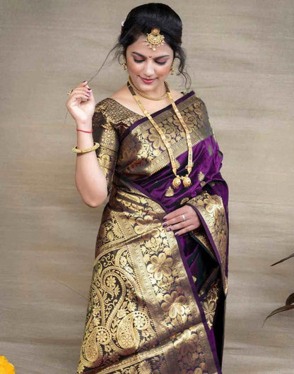 Wine Banarasi Silk Saree with Golden Zari Floral & Paisley Weaving - Blouse Piece Included