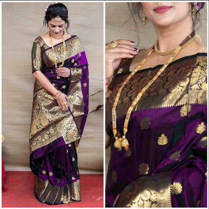 Wine Banarasi Silk Saree with Golden Zari Floral & Paisley Weaving - Blouse Piece Included
