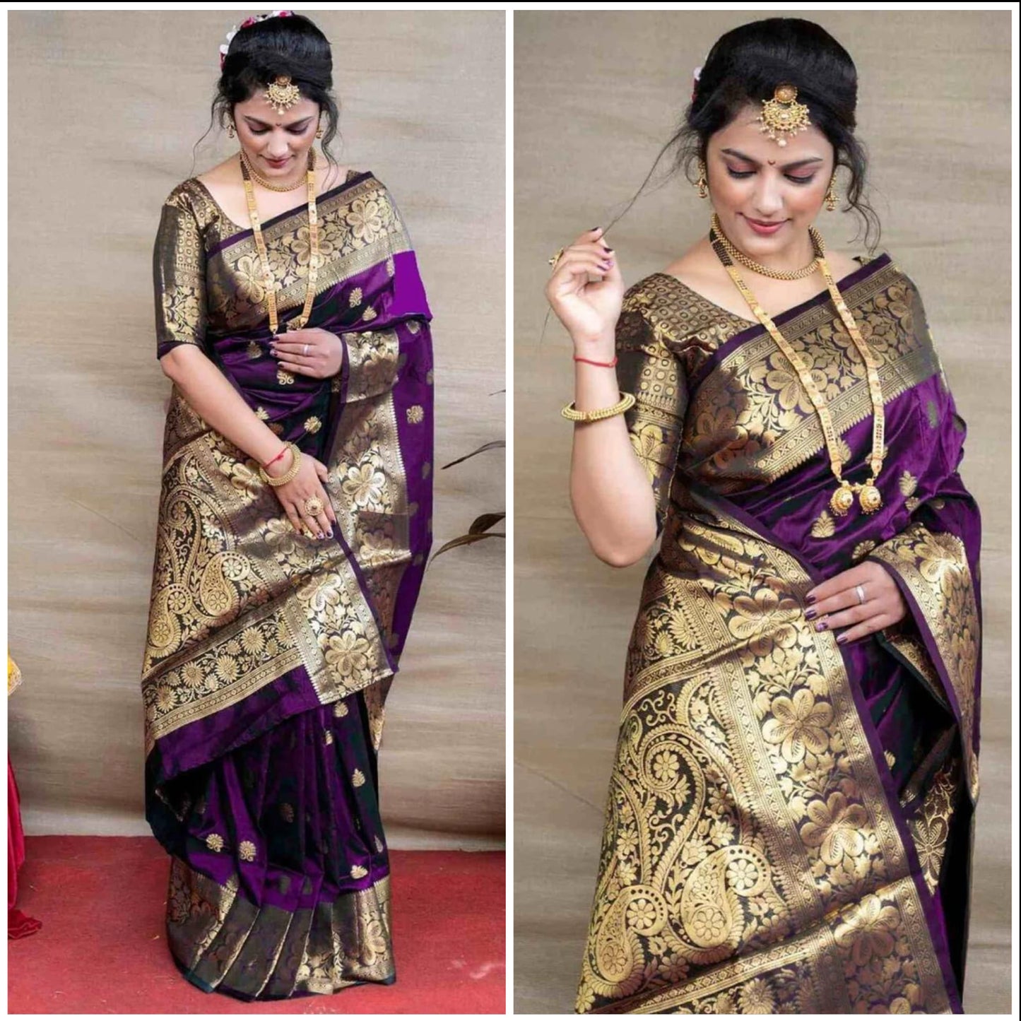 Wine Banarasi Silk Saree with Golden Zari Floral & Paisley Weaving - Blouse Piece Included