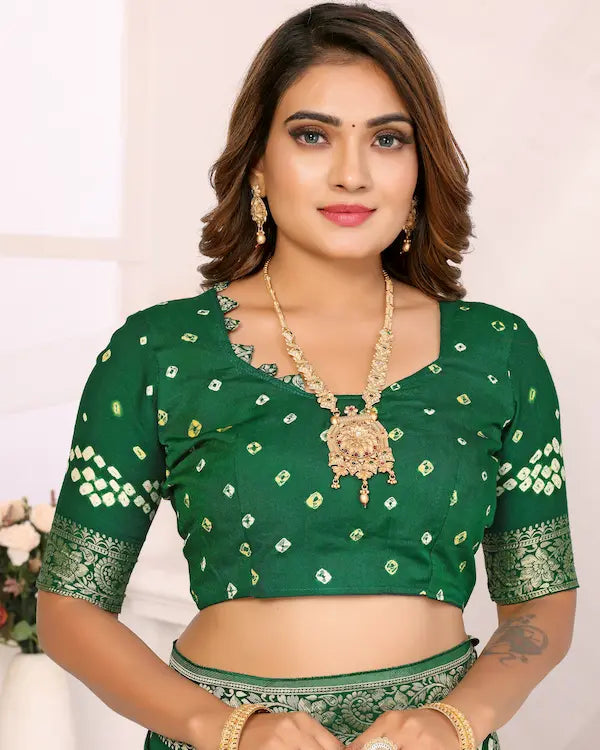 Peacock Mehndi Green Bandhani Saree with Golden Pallu | Gaji Silk Fabric