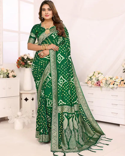 Peacock Mehndi Green Bandhani Saree with Golden Pallu | Gaji Silk Fabric