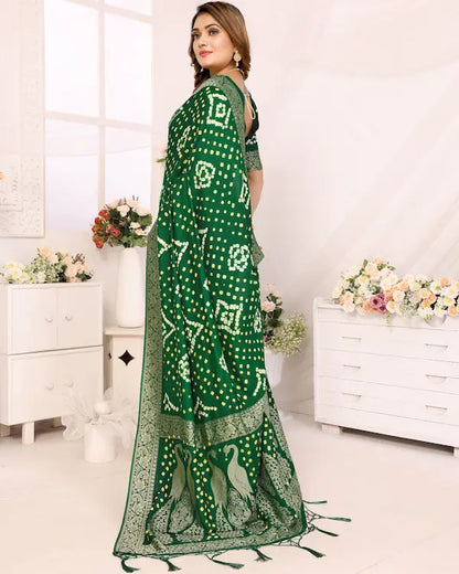 Peacock Mehndi Green Bandhani Saree with Golden Pallu | Gaji Silk Fabric
