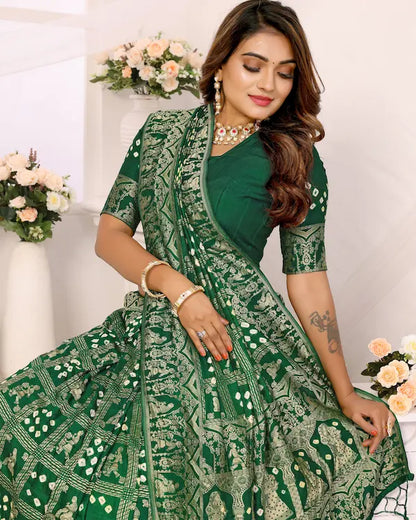 Mehndi Grid Green Bandhani Saree with Golden Dandiya Pallu | Gaji Silk Fabric