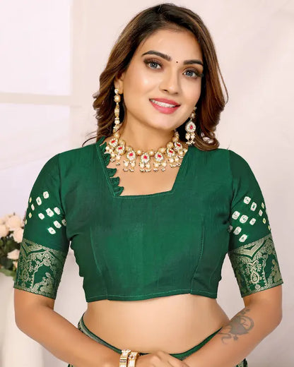 Mehndi Grid Green Bandhani Saree with Golden Dandiya Pallu | Gaji Silk Fabric