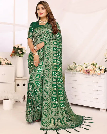 Mehndi Grid Green Bandhani Saree with Golden Dandiya Pallu | Gaji Silk Fabric