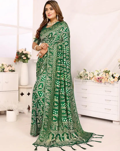 Mehndi Grid Green Bandhani Saree with Golden Dandiya Pallu | Gaji Silk Fabric