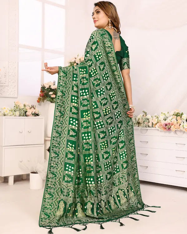 Mehndi Grid Green Bandhani Saree with Golden Dandiya Pallu | Gaji Silk Fabric