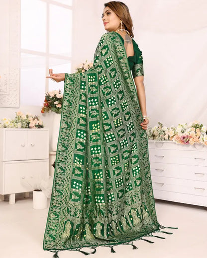 Mehndi Grid Green Bandhani Saree with Golden Dandiya Pallu | Gaji Silk Fabric