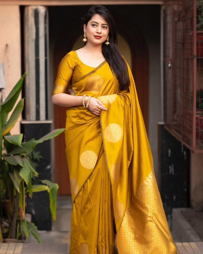 Yellow Kanjivaram Silk Saree with Golden Zari Polka Motifs & Traditional Contrast Border - Blouse Piece Included